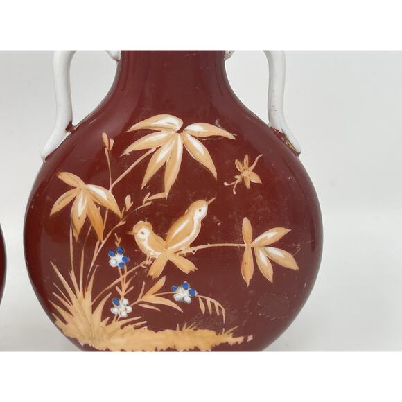RARE! Pair Flambe OXBLOOD Red Chinese Porcelain Bird Vase ~Vintage - Picture 3 of 10